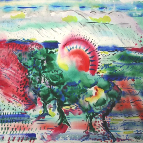 Red Sun Over Trees 18"by24"
